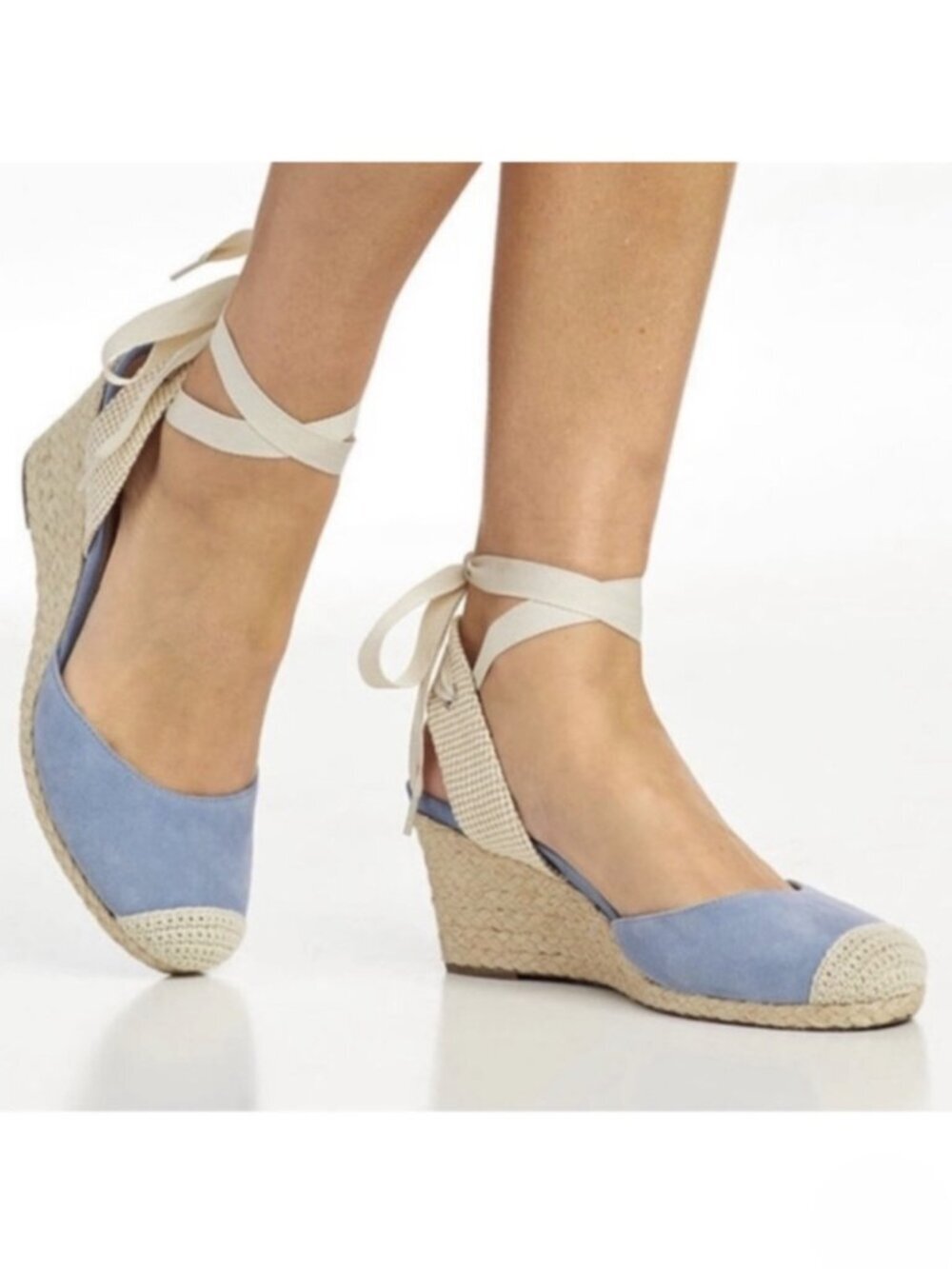 Vionic Aruba Maris Blue Suede Espadrille Wedge Sandals Lace-Up Ankle Tie Size 10